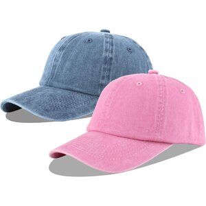 Unisex Denim Blue+pink Baseball Cap Cotton Fits Washed Denim Adjustable Hat